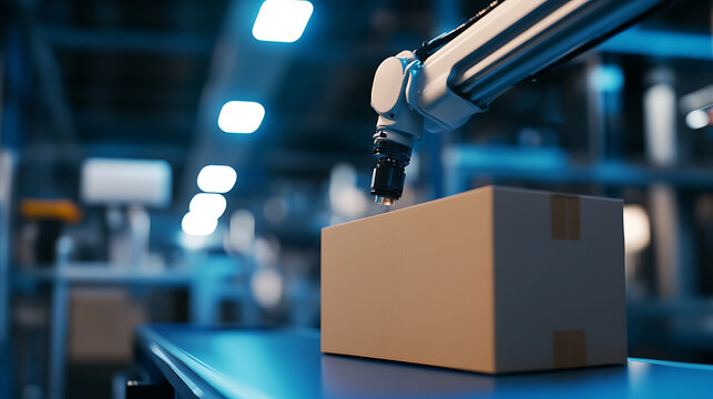 Automated robot arm in industrial setting picking up a cardboard box. The image shows the precision of modern manufacturing and the speed of automation. - Powered by Adobe