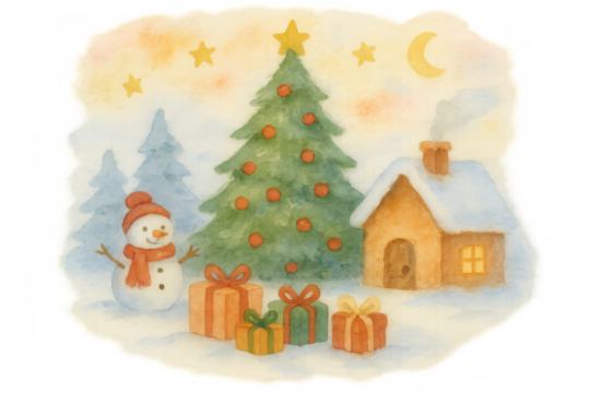 Watercolor christmas winter scene with snowman, decorated tree, gifts, and cabin on snowy night