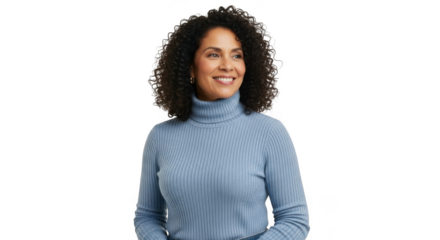 Smiling woman with curly hair isolated on transparent background