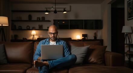 A man sits comfortably on a brown sofa at home, working on a laptop in a modern, warmly lit living room.