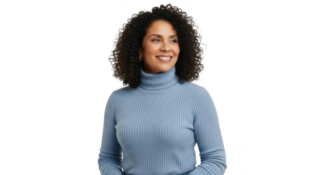 Smiling woman with curly hair isolated on transparent background
