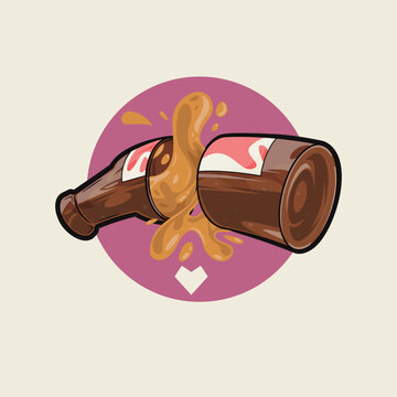 Broken Beer Bottle Spilling with Heart Symbol vector illustration. Drinks, brand design concept.