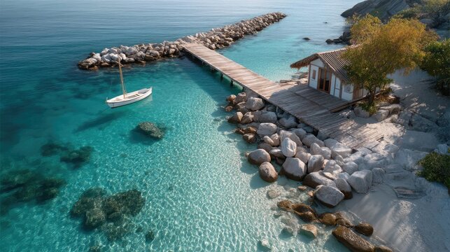 Drone aerial view of a small wooden cabin on a rocky island with a long pier extending into clear turquoise ocean water and a white sailboat anchored nearby on a sunny day