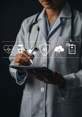 Doctor using tablet with medical icons healthcare technology