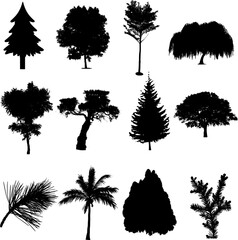 set of trees Silhouette on white background.