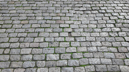 Old cobblestone street with patches of green moss