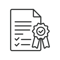 Certified award document icon in line design. certified, award, document, recognition, approval, certificate, paper on white background vector. Certified award document editable stroke icon