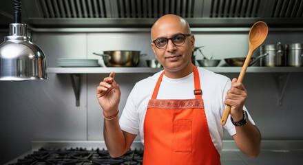 An Indian chef wearing an orange apron stands confidently in a modern kitchen, holding a large wooden spoon