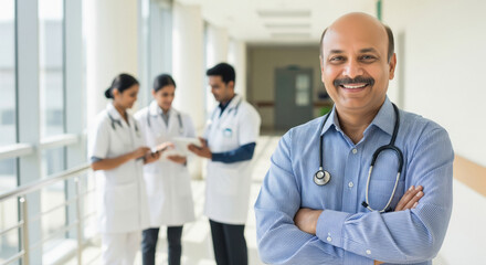 A confident Indian doctor stands with crossed arms in a hospital corridor, while a team of medical professionals consult in the background