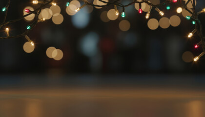 Warmly glowing Christmas string lights create festive atmosphere with colorful bokeh