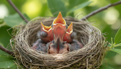 Newborn birds in nest, eagerly waiting for food, surrounded by greenery