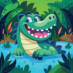 Obraz premium Cheerful Cartoon Alligator Enjoying the Swamp Environment cheerful cartoon alligator