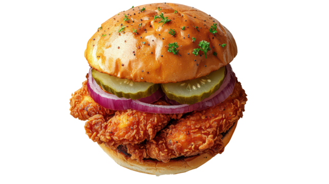 Burger with plant-based patty, crunchy vegetables, sesame seed bun, and fresh toppings, PNG, isolated on transparent background. - Powered by Adobe