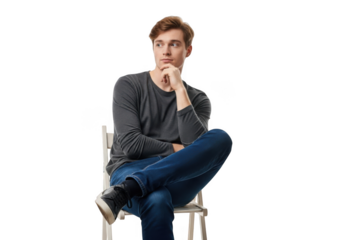 Young man sitting on a chair, isolated on transparent background