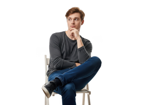 Young man sitting on a chair, isolated on transparent background