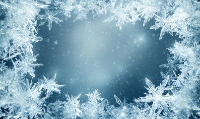 Ice crystals and snowflakes creating a decorative frozen border on a blue background