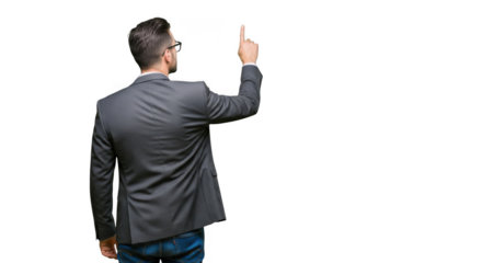 Man in suit pointing up isolated on transparent background