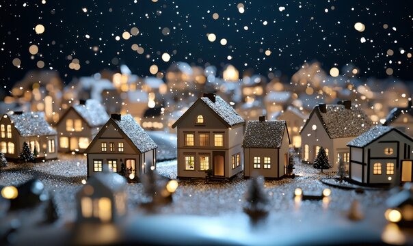 Miniature town illuminating with warm light during a snowy winter night