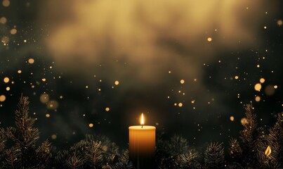 Lighted candle surrounded by pine branches, golden bokeh floating in a dark festive atmosphere