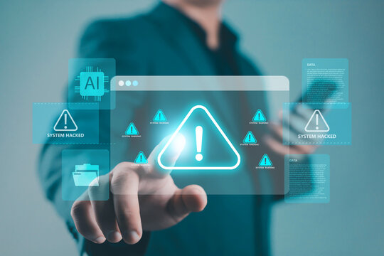 Cybersecurity system hacked warning interface with AI technology, digital alert symbols, and data protection concept, representing cyber attack, malware, and artificial intelligence risk prevention.