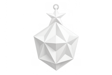 White polygonal christmas ornament with star top, geometric holiday decoration, isolating on transparent background
