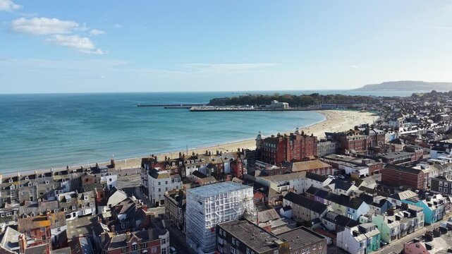 Aerial drone view of the popular seaside town of Weymouth, Dorset England, UK