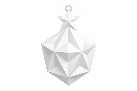White polygonal christmas ornament with star top, geometric holiday decoration, isolating on transparent background