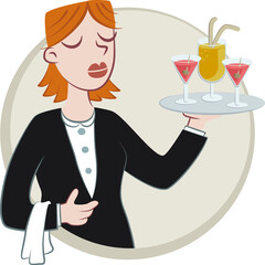 Portrait of a young waitress holding a tray of drinks. Retro style illustration of a young waitress holding a tray with drinks.