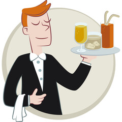 Portrait of a young waiter holding a tray of drinks. Retro style illustration of a young waiter holding a tray with drinks.