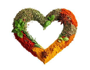 herbs and spices concept, heart of colour seeds, herbs and spices isolated on transparent background, heart shaped food ingredients concept