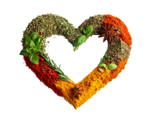 herbs and spices concept, heart of colour seeds, herbs and spices isolated on transparent background, heart shaped food ingredients concept