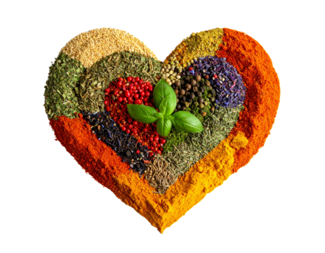 herbs and spices concept, heart of colour seeds, herbs and spices isolated on transparent background, heart shaped food ingredients concept