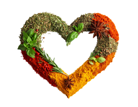 herbs and spices concept, heart of colour seeds, herbs and spices isolated on transparent background, heart shaped food ingredients concept - Powered by Adobe