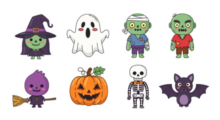 Obraz premium A set of cute cartoon Halloween characters designed to be spooky yet sweet. Featuring witch, ghost, zombie, pumpkin man, skeleton, and bat in bright vector style.