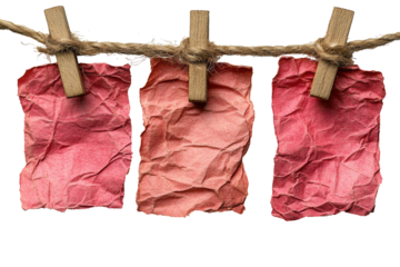 Three vibrant red cards attached to a rope with wooden clothespins, positioned against a white background PNG format.