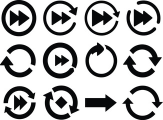 Media control icon set, fast-forward and refresh symbols, circular UI buttons, vector design for app and web templates