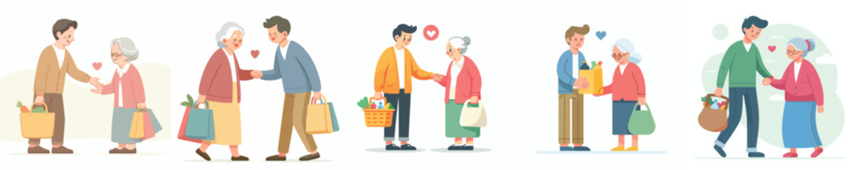 vector of a young man helping an old man carry his things