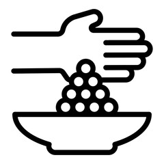 Hand with peas and plate line icon, cooking concept. Vector graphics. Spices sign on white background, style icon mobile or web design.