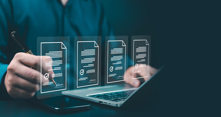 Businessman signing digital documents on laptop, representing online agreement, e-signature, paperless workflow, digital contract management, and modern business technology symbolizing electronic