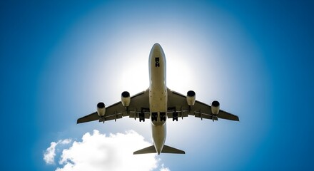 Large commercial jet flying high overhead in bright sunny blue sky for global travel
