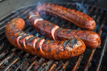 Fototapeta premium Grilled sausages cooking on barbecue grill