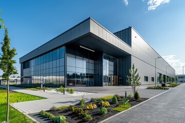 Modern commercial building with landscaped surroundings