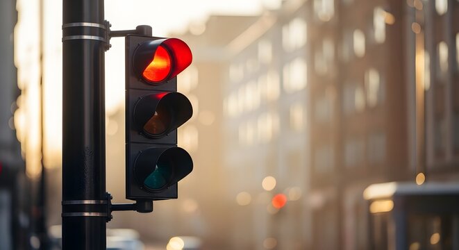 Photo of a red traffic light hanging from a pole on the left side of a city road
