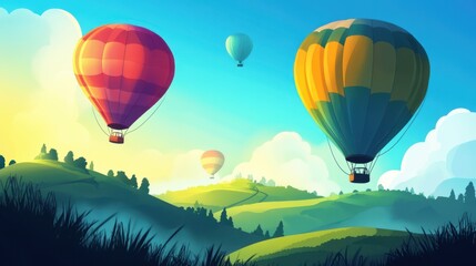 Obraz premium Bright hot air balloons over hills