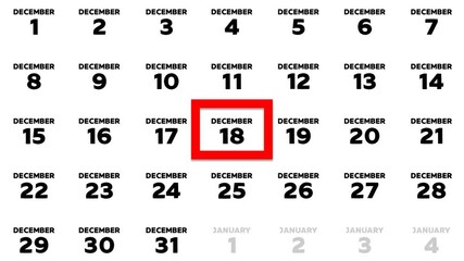 The date December 18th marked with a red cursor on the wall calendar 2025