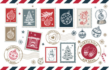 Christmas Stamps, mail, postcard hand drawn illustrations on white.	