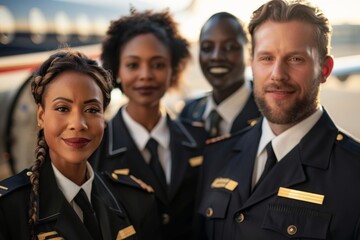Diverse group of pilots smiling together at the airport