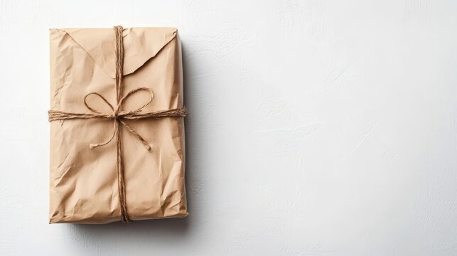 Brown paper parcel tied with string isolated on white background