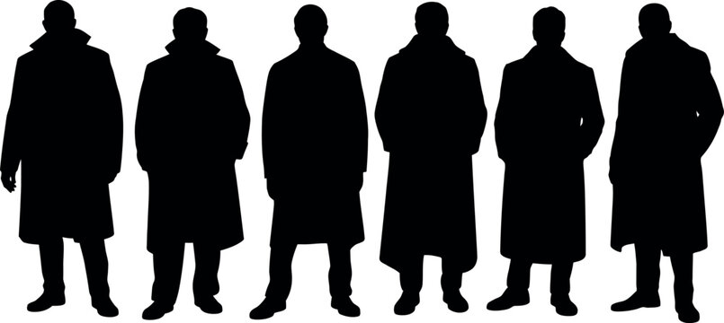 Silhouettes of Men in Coats Standing Together in a Row