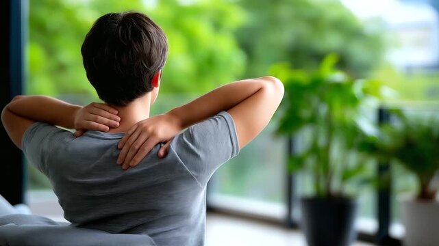 Faceless person adjusting posture while sitting, stretching spine and shoulders, soft blur background emphasizing comfort, with copy space.